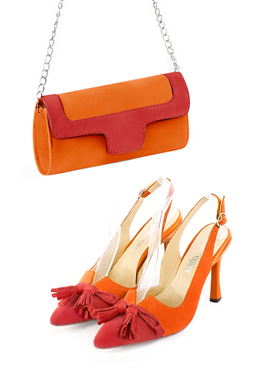 Scarlet red and clementine orange matching shoes and clutch. Worn view - Florence KOOIJMAN